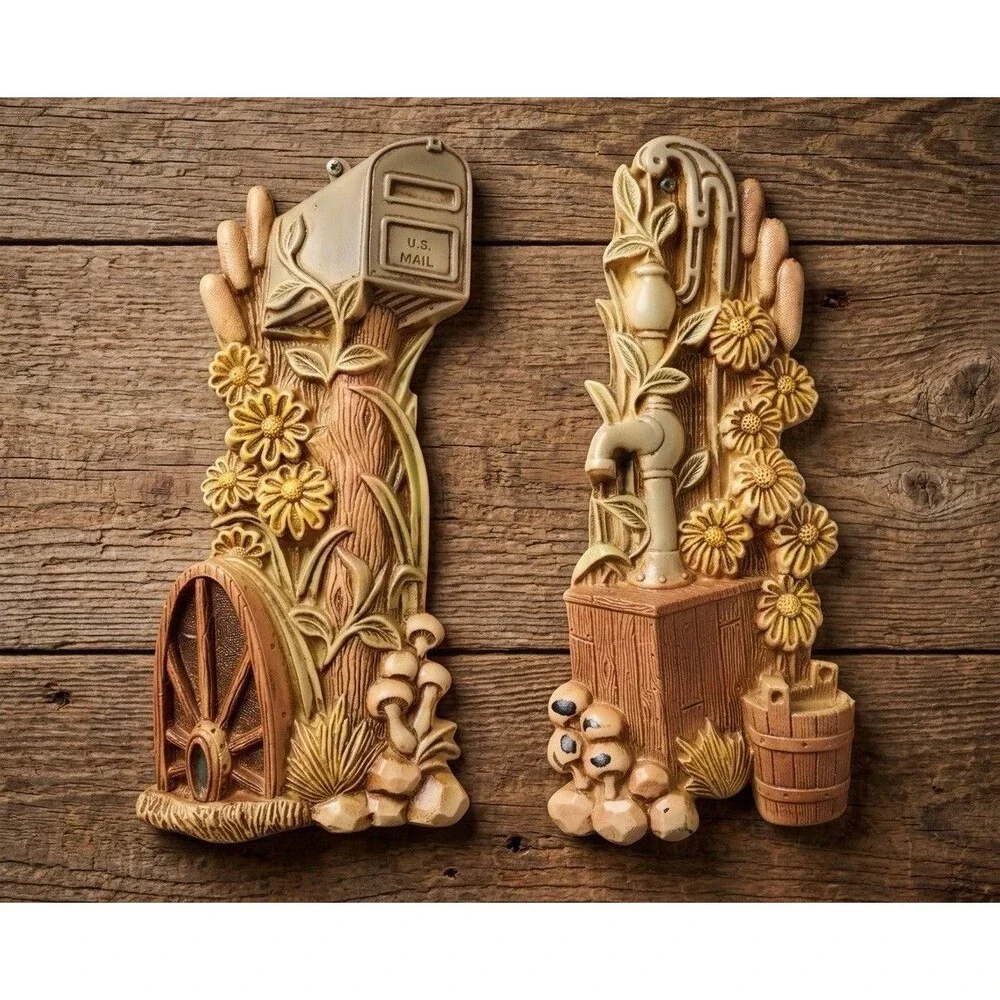 Vtge Chalkware Mushrooms Flower MCM Mail Box & Hand Pump Wall Front Porch Decor